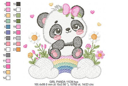 Panda embroidery design - Animal with rainbow and flowers machine embroidery pattern - Baby Girl file - Instant digital download pes jef dst