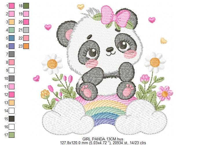 Panda embroidery design - Animal with rainbow and flowers machine embroidery pattern - Baby Girl file - Instant digital download pes jef dst