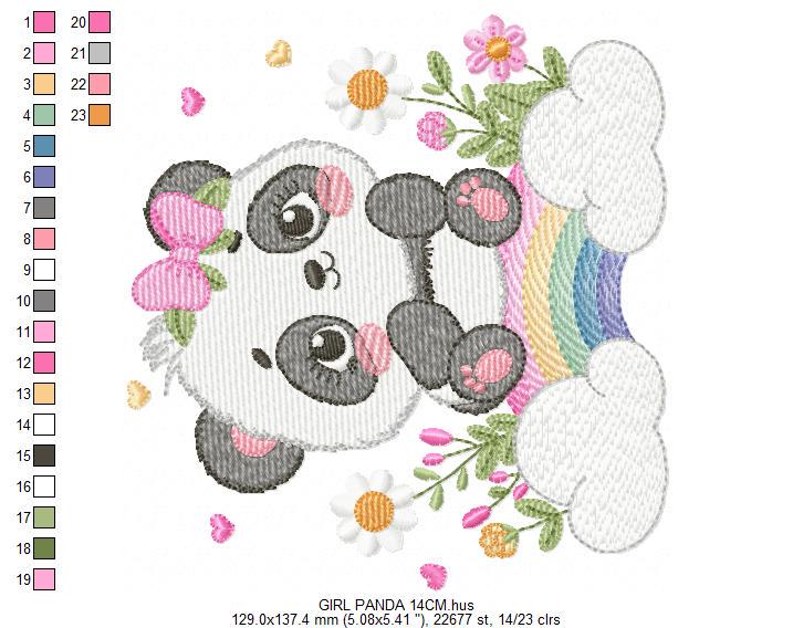 Panda embroidery design - Animal with rainbow and flowers machine embroidery pattern - Baby Girl file - Instant digital download pes jef dst