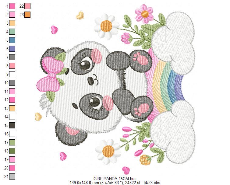 Panda embroidery design - Animal with rainbow and flowers machine embroidery pattern - Baby Girl file - Instant digital download pes jef dst