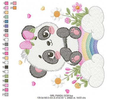 Panda embroidery design - Animal with rainbow and flowers machine embroidery pattern - Baby Girl file - Instant digital download pes jef dst