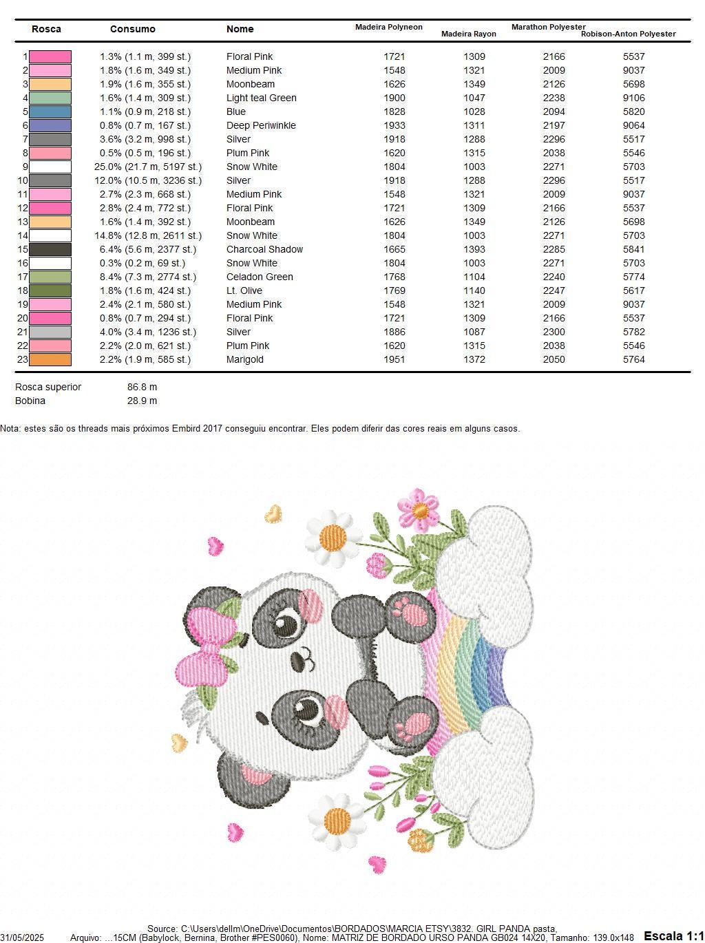 Panda embroidery design - Animal with rainbow and flowers machine embroidery pattern - Baby Girl file - Instant digital download pes jef dst