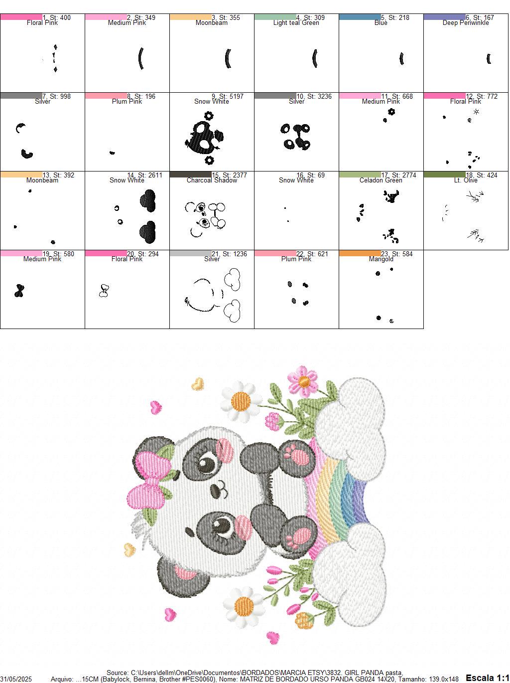 Panda embroidery design - Animal with rainbow and flowers machine embroidery pattern - Baby Girl file - Instant digital download pes jef dst