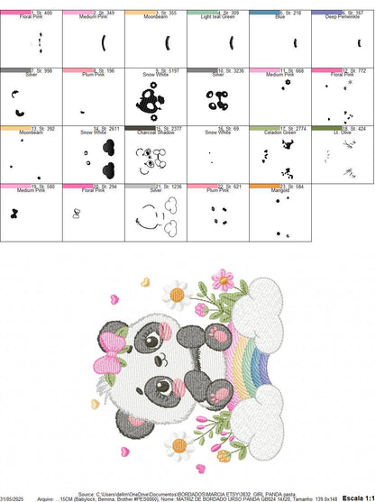 Panda embroidery design - Animal with rainbow and flowers machine embroidery pattern - Baby Girl file - Instant digital download pes jef dst