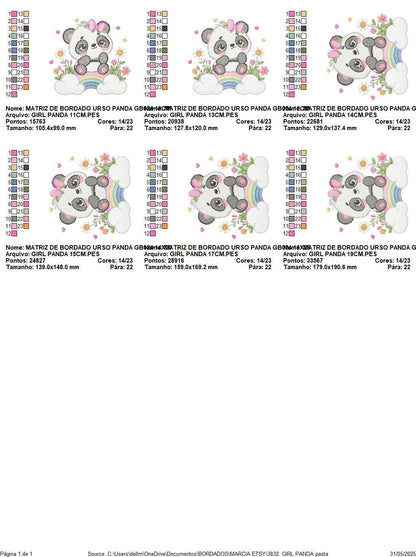 Panda embroidery design - Animal with rainbow and flowers machine embroidery pattern - Baby Girl file - Instant digital download pes jef dst