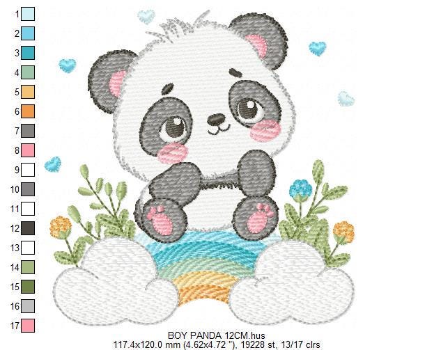 Panda embroidery design - Animal with rainbow and flowers machine embroidery pattern - Baby boy file - Instant digital download pes jef dst