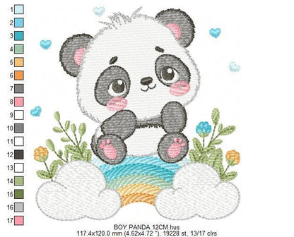 Panda embroidery design - Animal with rainbow and flowers machine embroidery pattern - Baby boy file - Instant digital download pes jef dst