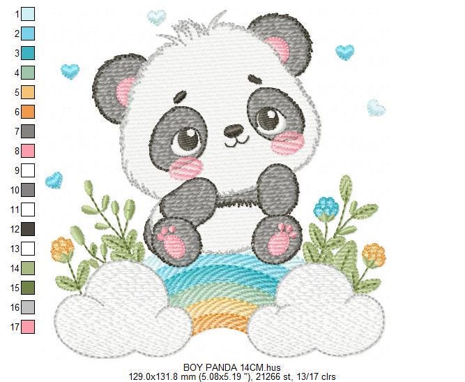 Panda embroidery design - Animal with rainbow and flowers machine embroidery pattern - Baby boy file - Instant digital download pes jef dst