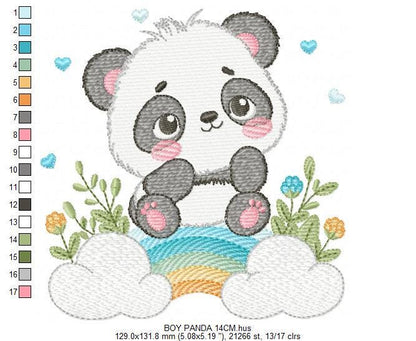 Panda embroidery design - Animal with rainbow and flowers machine embroidery pattern - Baby boy file - Instant digital download pes jef dst