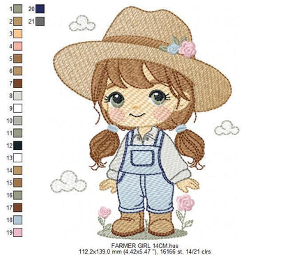 Farmer embroidery designs - Farmer with hat and ponytail machine embroidery pattern - Girl with long hair and overalls - Instant download