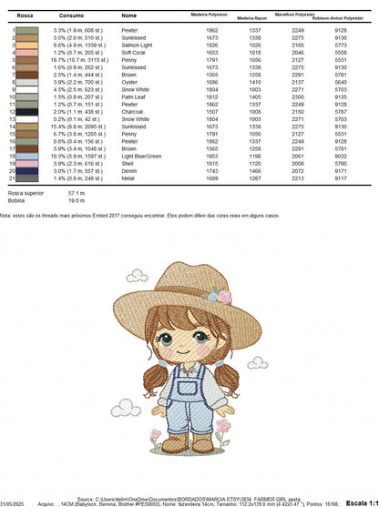 Farmer embroidery designs - Farmer with hat and ponytail machine embroidery pattern - Girl with long hair and overalls - Instant download