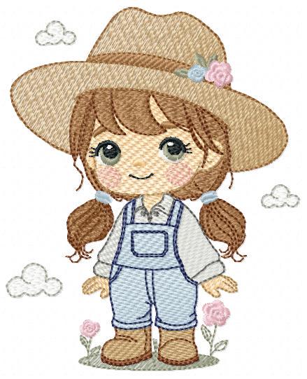 Farmer embroidery designs - Farmer with hat and ponytail machine embroidery pattern - Girl with long hair and overalls - Instant download
