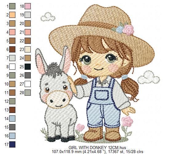 Girl Farmer embroidery designs - Farmer with hat and donkey machine embroidery pattern - Cowgirl Ranch file - Instant digital download pes