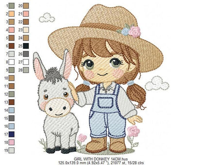 Girl Farmer embroidery designs - Farmer with hat and donkey machine embroidery pattern - Cowgirl Ranch file - Instant digital download pes