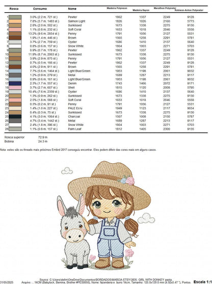 Girl Farmer embroidery designs - Farmer with hat and donkey machine embroidery pattern - Cowgirl Ranch file - Instant digital download pes