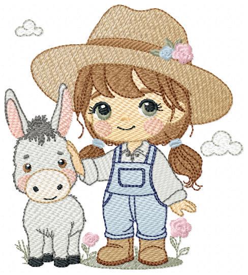 Girl Farmer embroidery designs - Farmer with hat and donkey machine embroidery pattern - Cowgirl Ranch file - Instant digital download pes