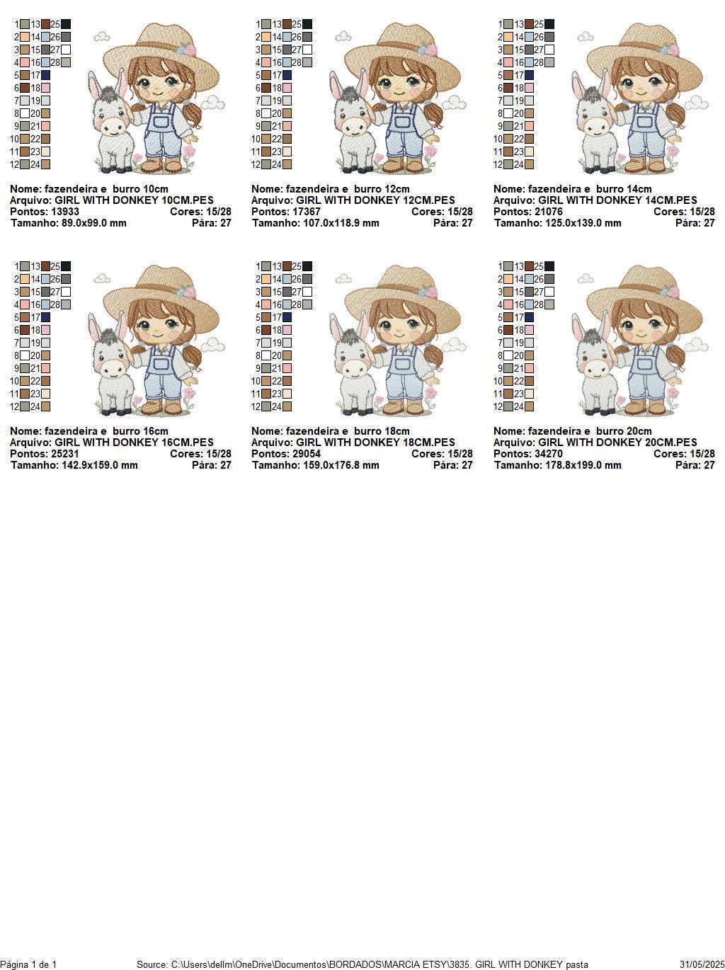 Girl Farmer embroidery designs - Farmer with hat and donkey machine embroidery pattern - Cowgirl Ranch file - Instant digital download pes