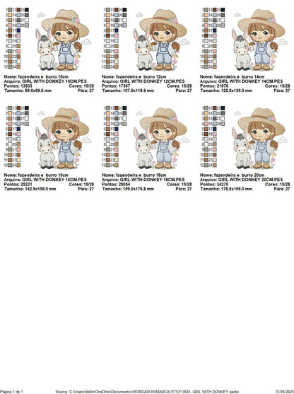 Girl Farmer embroidery designs - Farmer with hat and donkey machine embroidery pattern - Cowgirl Ranch file - Instant digital download pes