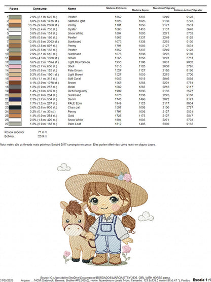 Girl Farmer embroidery designs - Farmer with hat and horse machine embroidery pattern - Girl with long hair file - Instant digital download