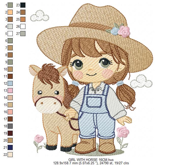Girl Farmer embroidery designs - Farmer with hat and horse machine embroidery pattern - Girl with long hair file - Instant digital download