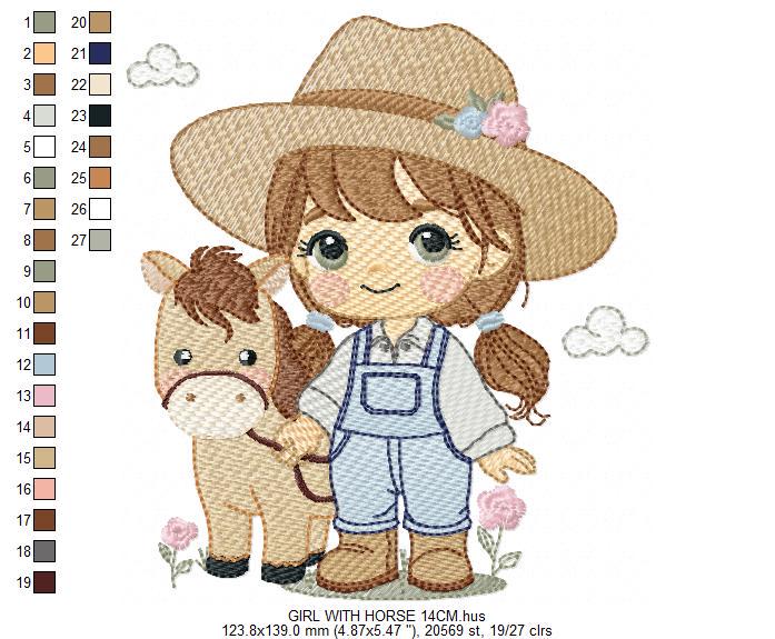 Girl Farmer embroidery designs - Farmer with hat and horse machine embroidery pattern - Girl with long hair file - Instant digital download