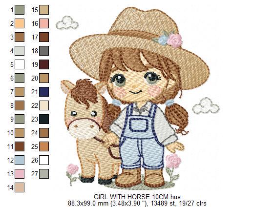 Girl Farmer embroidery designs - Farmer with hat and horse machine embroidery pattern - Girl with long hair file - Instant digital download