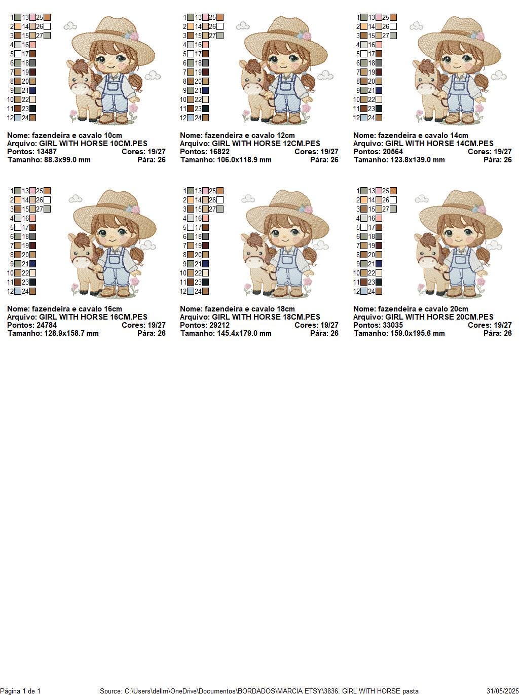 Girl Farmer embroidery designs - Farmer with hat and horse machine embroidery pattern - Girl with long hair file - Instant digital download