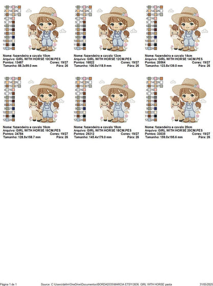 Girl Farmer embroidery designs - Farmer with hat and horse machine embroidery pattern - Girl with long hair file - Instant digital download
