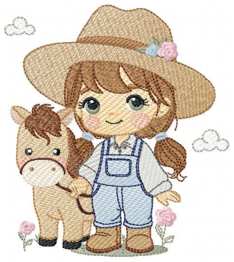 Girl Farmer embroidery designs - Farmer with hat and horse machine embroidery pattern - Girl with long hair file - Instant digital download