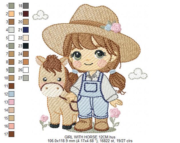 Girl Farmer embroidery designs - Farmer with hat and horse machine embroidery pattern - Girl with long hair file - Instant digital download