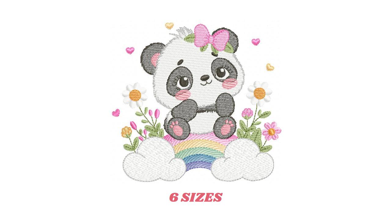 Panda embroidery design - Animal with rainbow and flowers machine embroidery pattern - Baby Girl file - Instant digital download pes jef dst
