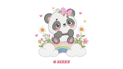 Panda embroidery design - Animal with rainbow and flowers machine embroidery pattern - Baby Girl file - Instant digital download pes jef dst