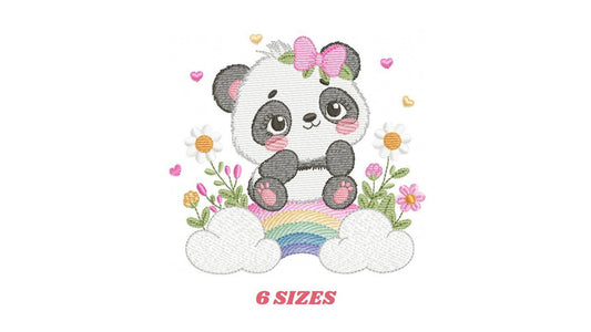 Panda embroidery design - Animal with rainbow and flowers machine embroidery pattern - Baby Girl file - Instant digital download pes jef dst