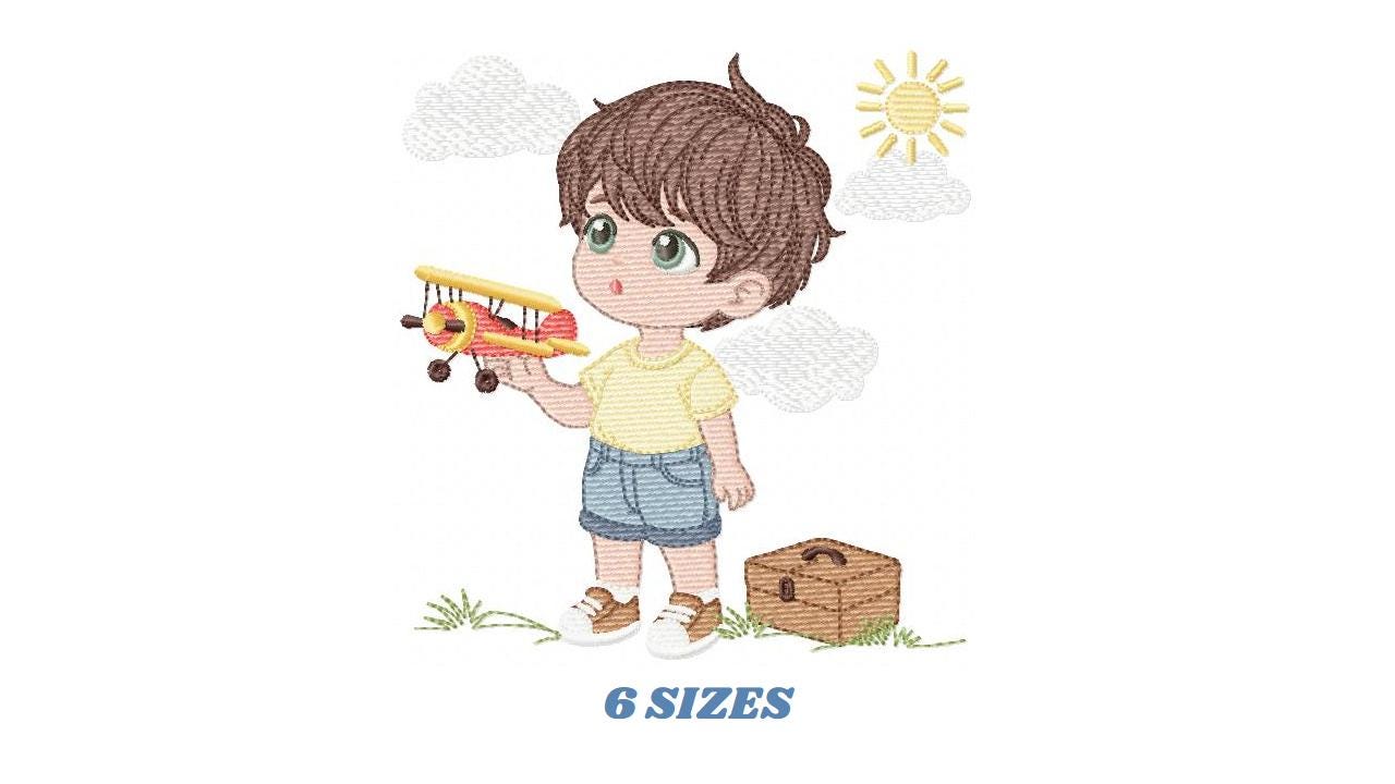 Baby Boy with toy car embroidery designs - Toddler playing machine embroidery pattern - Boy with airplane toy - Instant digital download pes