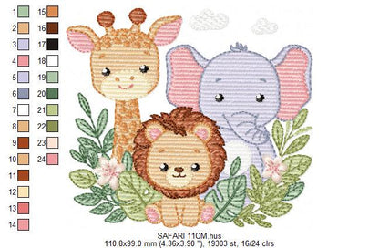 Safari animals embroidery designs - Giraffe Lion Elephant machine embroidery pattern - Baby girl boy - Instant Digital Download pes jef dst