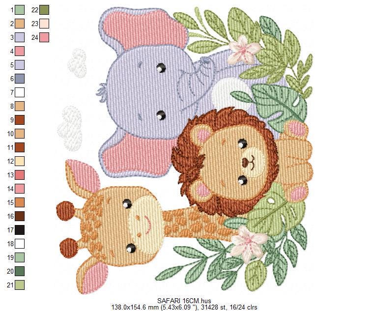 Safari animals embroidery designs - Giraffe Lion Elephant machine embroidery pattern - Baby girl boy - Instant Digital Download pes jef dst