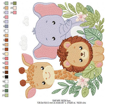 Safari animals embroidery designs - Giraffe Lion Elephant machine embroidery pattern - Baby girl boy - Instant Digital Download pes jef dst