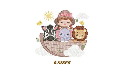 Safari Wild Animal embroidery designs - Elephant Zebra Lion in a boat machine embroidery pattern - Baby Girl Explorer - Instant download pes