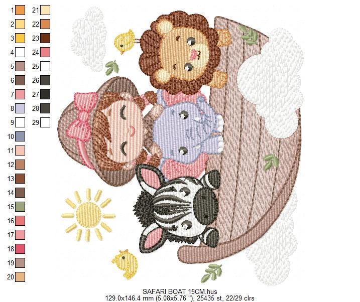 Safari Wild Animal embroidery designs - Elephant Zebra Lion in a boat machine embroidery pattern - Baby Girl Explorer - Instant download pes