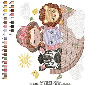 Safari Wild Animal embroidery designs - Elephant Zebra Lion in a boat machine embroidery pattern - Baby Girl Explorer - Instant download pes