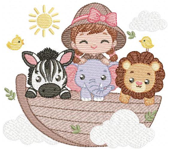 Safari Wild Animal embroidery designs - Elephant Zebra Lion in a boat machine embroidery pattern - Baby Girl Explorer - Instant download pes