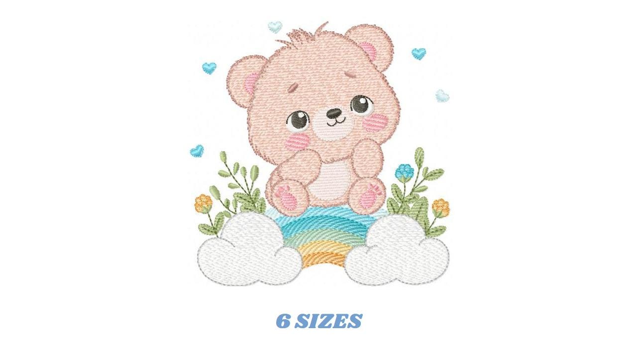 Teddy Bear embroidery designs - Male bear with rainbow and flowers machine embroidery pattern - Baby boy file - Instant digital download pes