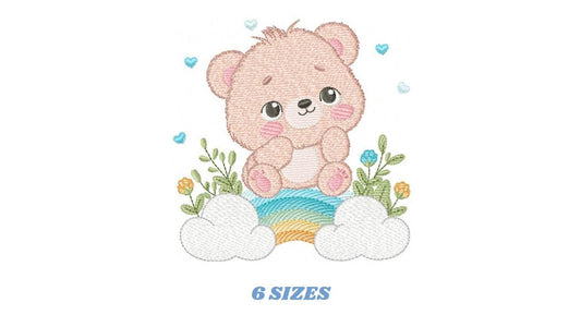 Teddy Bear embroidery designs - Male bear with rainbow and flowers machine embroidery pattern - Baby boy file - Instant digital download pes