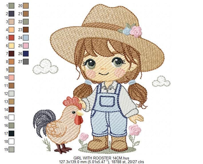 Girl Farmer embroidery designs - Farmer with hat and rooster machine embroidery pattern - Cowgirl with long hair file - Instant download pes