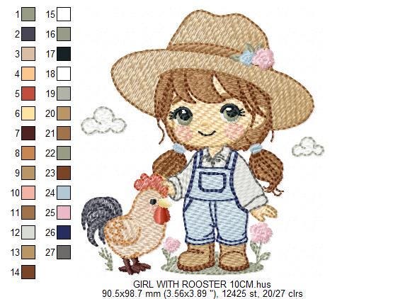 Girl Farmer embroidery designs - Farmer with hat and rooster machine embroidery pattern - Cowgirl with long hair file - Instant download pes