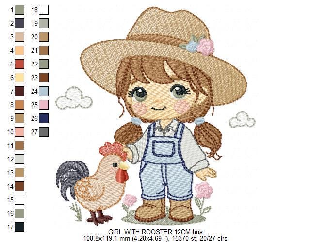 Girl Farmer embroidery designs - Farmer with hat and rooster machine embroidery pattern - Cowgirl with long hair file - Instant download pes