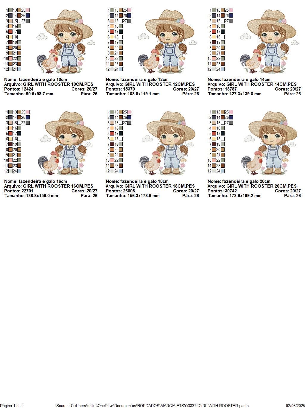 Girl Farmer embroidery designs - Farmer with hat and rooster machine embroidery pattern - Cowgirl with long hair file - Instant download pes