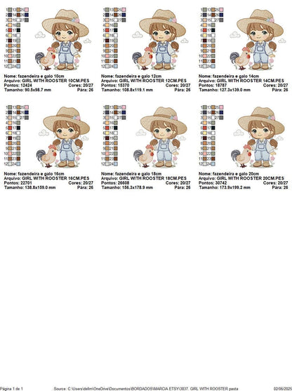 Girl Farmer embroidery designs - Farmer with hat and rooster machine embroidery pattern - Cowgirl with long hair file - Instant download pes