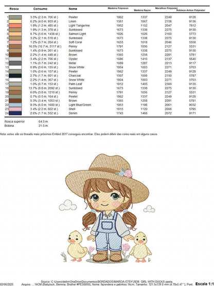 Girl Farmer embroidery designs - Farmer with hat and ducks machine embroidery pattern - Cowgirl ranch worker file - Instant digital download