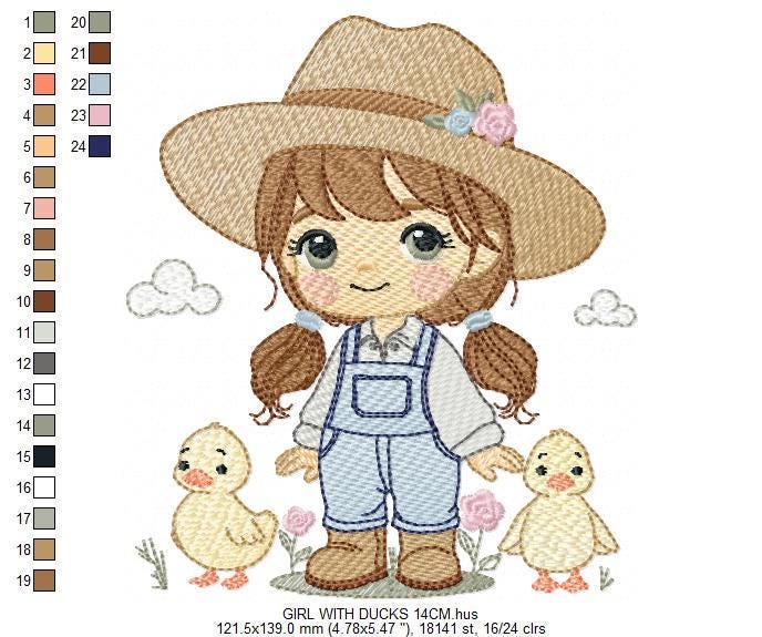 Girl Farmer embroidery designs - Farmer with hat and ducks machine embroidery pattern - Cowgirl ranch worker file - Instant digital download